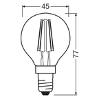 Osram / Ledvance LED Filament Tropfen P klar 300° Performance 4-40W/827 warmweiß 470lm E14 220-240V – Maßzeichnung