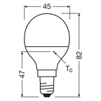 Osram / Ledvance LED Tropfen P 150° Value 6,5-60W/840 kaltweiß 806lm E14 220-240V – Maßzeichnung 2