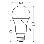 Osram LEDbase Classic A Retro 14-100W/827 LED E27 matt 200° 1521lm echt warmweiß nicht dimmbar 3er Pack – Maßzeichnung
