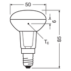Osram / Ledvance LED Star Reflektor R50 36° 2,6-40W/827 warmweiß 210lm E14 220-240V – Maßzeichnung