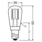 Osram Filament Star Special T26 320° 2,8-25W/827 warmweiß 250lm E14 220-240V – Maßzeichnung