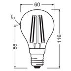 Osram LED Filament Star+ Classic A klar 320° 7,3-60W/827 warmweiß 806lm E27 220-240V – Maßzeichnung