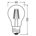Osram / Ledvance LED Filament Star Classic A klar 320° Sensor 4,9-40W/827 warmweiß 470lm E27 220-240V – Maßzeichnung