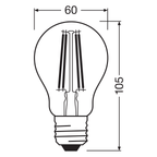 Osram / Ledvance LED Filament Classic A klar 320° UltraEfficient 2,2-40W/840 kaltweiß 470lm E27 220-240V – Maßzeichnung