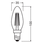 Osram / Ledvance LED Filament Superstar Plus Kerze B klar 300° 2,2-25W/927 warmweiß 300lm E14 220-240V dimmbar – Maßzeichnung