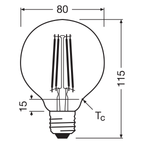 Osram / Ledvance LED Filament Vintage 1906 Globe G80 klar 300° 7,2-60W/824 extra warmweiß 806lm E27 220-240V dimmbar – Maßzeichnung