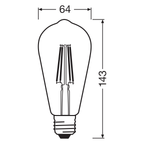 Osram / Ledvance LED Filament Vintage 1906 Edison ST klar 300° 7,2-60W/824 extra warmweiß 806lm E27 220-240V dimmbar – Maßzeichnung