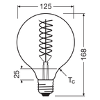 Osram / Ledvance LED Filament Vintage 1906 Globe G125 klar 300° 8,4-60W/824 extra warmweiß 806lm E27 220-240V dimmbar – Maßzeichnung