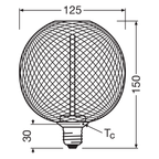 Osram / Ledvance LED Filament Decor Globe G125 klar 320° Straw 3,5-12 W/818 extra warmweiß 110lm E27 220-240V dimmbar – Maßzeichnung