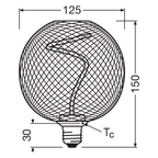 Osram / Ledvance LED Filament Decor Globe G125 klar 320° Spiral 3,5-18 W/818 extra warmweiß 170lm E27 220-240V dimmbar – Maßzeichnung