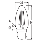 Osram / Ledvance LED Filament Star Kerze B klar 300° 4-40W/840 kaltweiß 470lm B22d 220-240V – Maßzeichnung