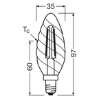 Osram / Ledvance LED Filament Retrofit Kerze BW klar gedreht 300° 2,8-25W/827 warmweiß 250lm E14 220-240V dimmbar – Maßzeichnung