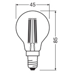 Osram / Ledvance LED Filament Tropfen P klar 330° UltraEfficient 1,2-25W/840 kaltweiß 255lm E14 220-240V – Maßzeichnung