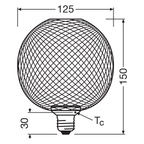 Osram / Ledvance LED Decor Globe matt schwarz 100° Flat 3,5-28W/827 warmweiß 300lm E27 220-240V – Maßzeichnung
