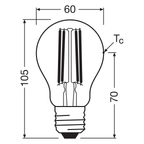 Osram / Ledvance LED Filament Classic A klar 320° UltraEfficient 3,8-60W/840 kaltweiß 806lm E27 220-240V 2er Pack – Maßzeichnung