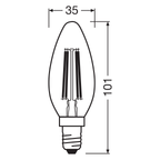 Osram / Ledvance LED Filament Kerze B klar 330° UltraEfficient 1,2-25W/827 warmweiß 255lm E14 220-240V – Maßzeichnung