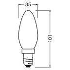 Osram / Ledvance LED Filament Kerze B matt 330° UltraEfficient 2,2-40W/827 warmweiß 470lm E14 220-240V 2er Pack – Maßzeichnung