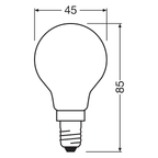 Osram / Ledvance LED Filament Tropfen P matt 330° UltraEfficient 1,2-25W/840 kaltweiß 255lm E14 220-240V – Maßzeichnung