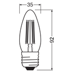 Osram / Ledvance LED Filament Superstar Kerze B klar 320° 3,4-40W/827 warmweiß 470lm E27 220-240V dimmbar – Maßzeichnung