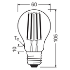 Osram / Ledvance LED Filament Classic A klar 300° MotionSensor 5-75W/827 warmweiß 1055lm E27 220-240V dimmbar – Maßzeichnung
