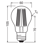 Osram / Ledvance LED Filament Classic A klar 320° UltraEfficient 7,2-100W/840 kaltweiß 1521lm E27 220-240V 3er Pack – Maßzeichnung