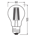 Osram / Ledvance LED Filament Classic A klar 320° UltraEfficient 7,2-100W/840 kaltweiß 1521lm E27 220-240V 2er Pack – Maßzeichnung 2