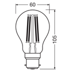 Osram LED Filament Star Classic A klar 300° 11-100W/840 neutralweiß 1521lm B22d 220-240V – Maßzeichnung