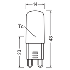 Osram LED Base 300° Pin 2,6-30W/827 warmweiß 320lm G9 220-240V 5er Blister – Maßzeichnung