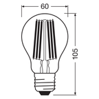 Osram LED Filament Classic A klar 300° 7,2-100W/830 warmweiß 1521lm E27 220-240V – Maßzeichnung