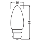 Osram LED Filament Superstar+ Kerze B matt 300° 3,4-40W/927 warmweiß 470lm B22d 220-240V dimmbar – Maßzeichnung