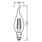 Osram LED Filament Superstar+ Kerze BA klar Windstoß 300° 3,4-40W/927 warmweiß 470lm E14 220-240V dimmbar – Maßzeichnung