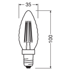 Osram LED Filament Superstar+ Kerze BW klar gedreht 300° 3,4-40W/940 neutralweiß 470lm E14 220-240V dimmbar – Maßzeichnung