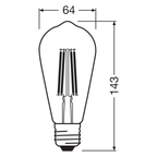 Osram LED Filament Superstar+ Edison ST64 klar 300° 5,8-60W/927 warmweiß 806lm E27 220-240V dimmbar – Maßzeichnung