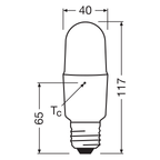Osram LED Superstar+ Stick matt 200° 11-75 W/865 tageslichtweiß 1000lm E27 220-240V dimmbar – Maßzeichnung