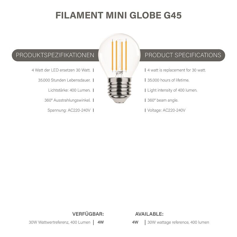 Modee LED Filament Globe Mini G45 4W/827 E27 warmweiß