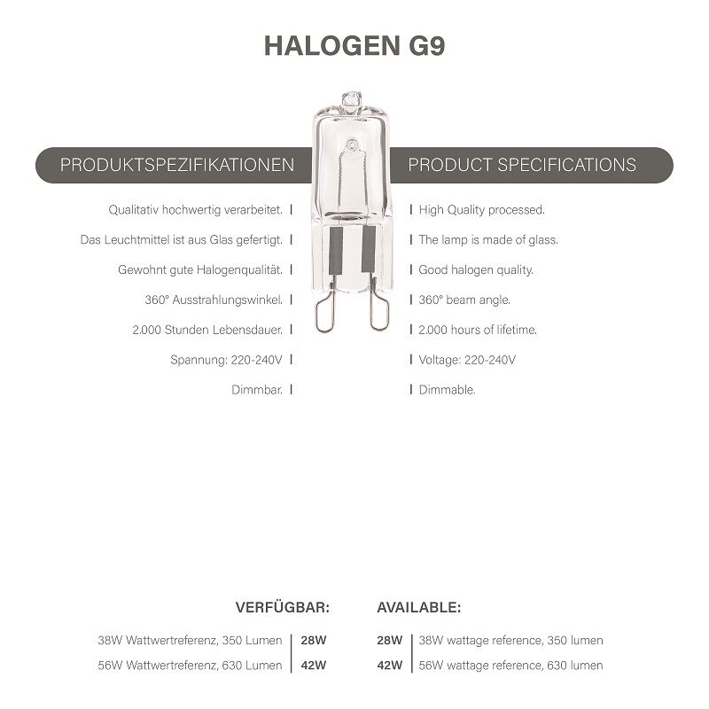 Modee Halogen 42W/827 220-240V G9 klar echt warmweiß dimmbar Stiftsockellampe ersetzt 56W