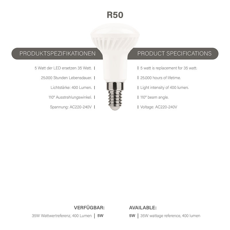 Modee LED R50 5-35W/840 E14 110° 400lm neutralweiß nicht dimmbar Reflektorform weiß 25000h ersetzt 35W