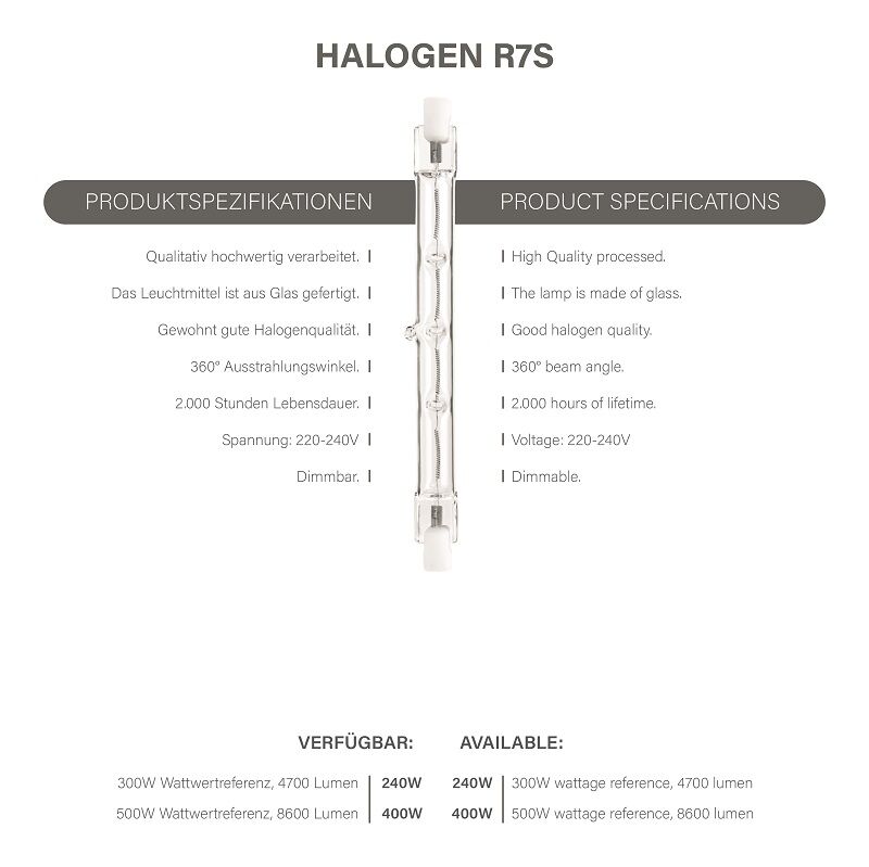 Modee Halogen 400W/827 220-240V R7s 118mm klar echt warmweiß dimmbar Halogenstab ersetzt 500W