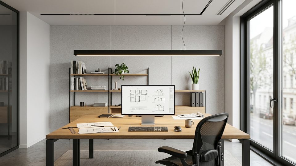 Büro mit Schreibtisch und linearer Pendelleuchte als Beispiel für die Lichtwirkung