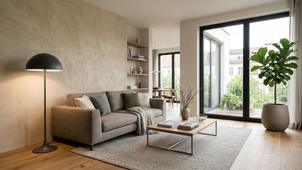Wohnbereich mit Sofa und Stehleuchte links als Beispiel für die Lichtwirkung