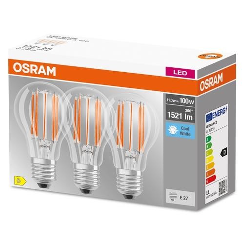 Osram LED Base Classic A Filament 11-100W/840 E27 1521lm klar kaltweiß nicht dimmbar 3er Pack