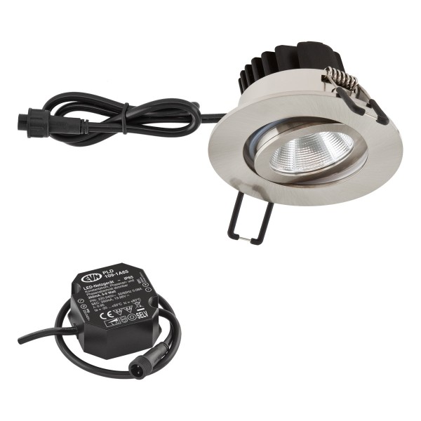 EVN Power-LED Leuchte inkl.Netzgerät Edelstahl Optik schwenkbar rund 83x48,5mm 6W 2000-3000K 60 bis 600lm 21-40° 220-240V IP65