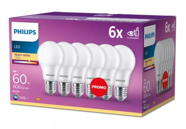 Philips LED Classic A matt 150° 7-60W/827 warmweiß 806lm E27 220-240V 6er Pack
