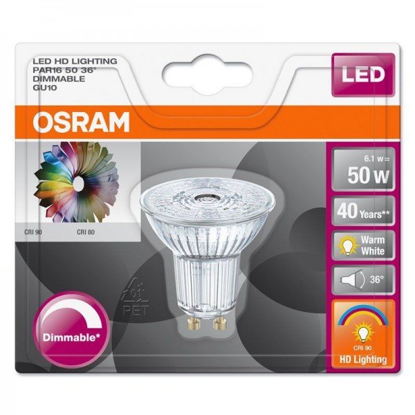 Osram LEDStar+ PAR16 6.1-50W/927 GU10 Glas 36° 350lm echt warmweiß dimmbar Blister