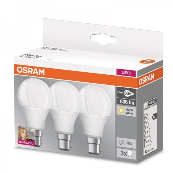 Osram LED Base Classic A 9-60W/827 B22d matt 200° 806lm warmweiß nicht dimmbar 3er Pack