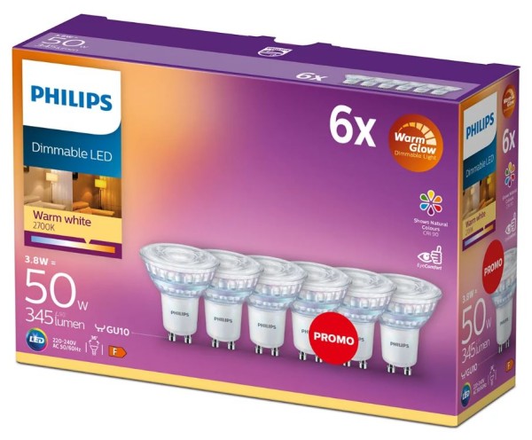 Philips LED Spot PAR16 36° 3,8-50W/927 abstimmbares Weiß 345lm GU10 220-240V dimmbar WarmGlow 6er Pack