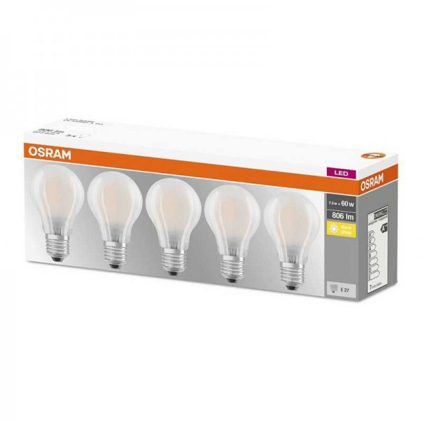 Osram LED Base Classic A Glas 7-60W/827 E27 matt 300° 806lm warmweiß nicht dimmbar 5er Pack