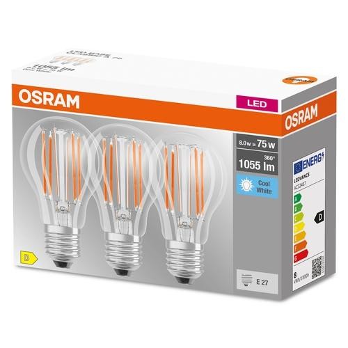 Osram LED Base Classic A Filament 7,5-75W/840 E27 1055lm klar kaltweiß nicht dimmbar 3er Pack
