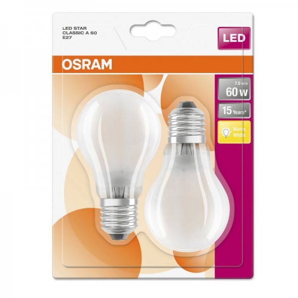 Osram LEDStar Classic A 7-60W/827 LED E27 matt 806lm echt warmweiß nicht dimmbar 2er Pack Blister