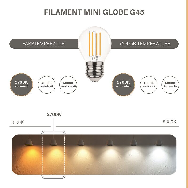 E27 LED Birne Filament  frosted matt G45 für innen und außen 4W =38W 450lm A++ 